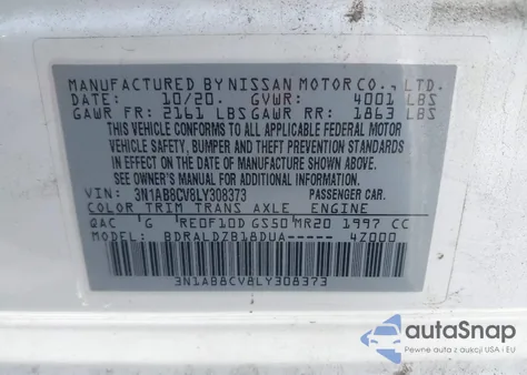 2020 Nissan Sentra Sv Xtronic Cvt z USA, uszkodzony, nr VIN 3N1AB8CV8LY308373